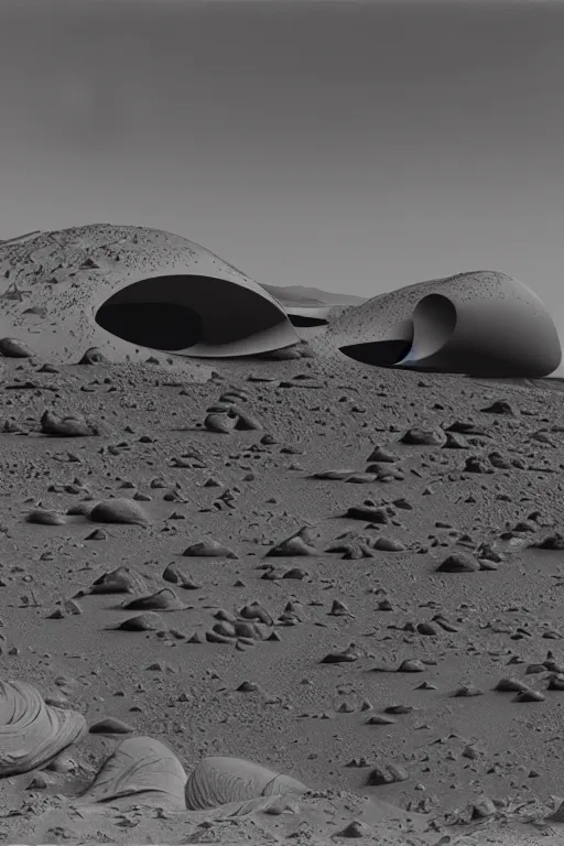 Image similar to scenes from planet mars by john schoenherr, cinematic matte painting, zaha hadid building, 8 k, dark moody monochrome color palate