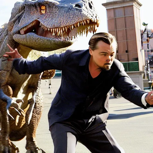 Image similar to Leonardo DiCaprio fighting a dinosaur