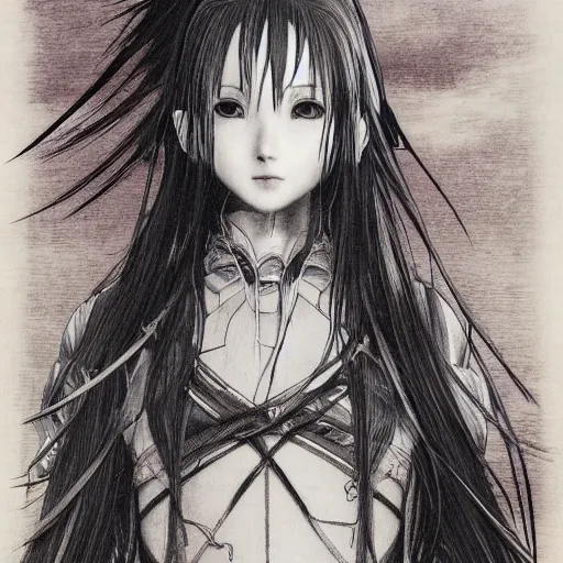 Prompt: Yoshitaka Amano realistic illustration of yuuki asuna ,hair fluttering in the wind, cracks on her face wearing Elden ring armour with engraving, abstract black and white patterns on the background, noisy film grain effect, highly detailed, Renaissance oil painting, weird portrait angle, blurred lost edges, three quarter view