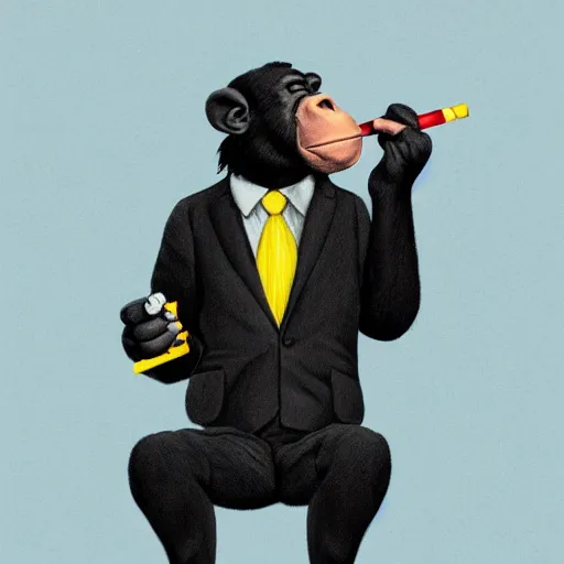 Image similar to a high detail photo of an antropomorphic chimp wearing a suit smoking a cigarrette, subject= chimp, subject detail: wearing a suit, subject action: smoking a cigarrette photorealism