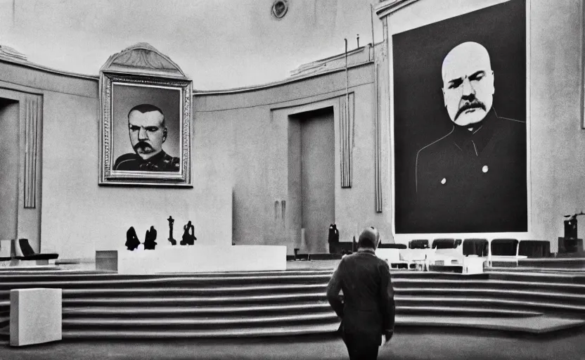 Image similar to 60s movie still of a stalinist style parlement with a giant portrait of Lenin, by Irving Penn , cinestill 800t 35mm eastmancolor, heavy grainy picture, very detailed, high quality, 4k, HD criterion, precise texture