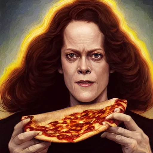 Prompt: portrait of Sigourney Weaver opening his mouth to eat pizza, highly detailed, digital painting, artstation, concept art, sharp focus, illustration, art by artgerm and greg rutkowski and alphonse mucha