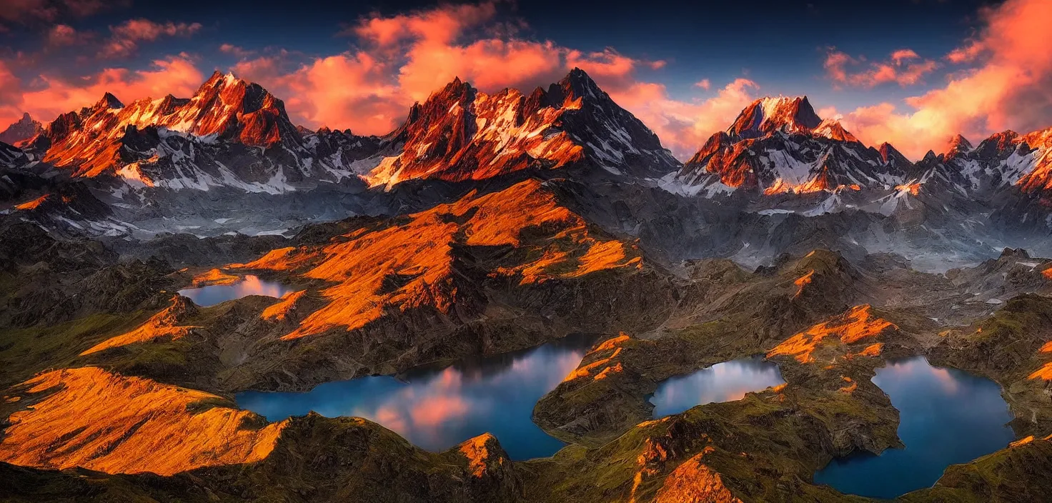 Image similar to amazing landscape photo of mountains with lake in sunset by marc adamus, beautiful dramatic lighting