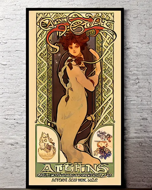 Prompt: art nouveau poster advertising a cat cafe by alphonse mucha, antique canvas texture