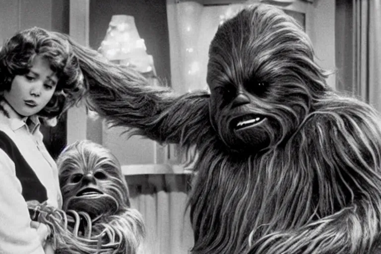 Prompt: A still from the movie Miracle on 34th Street starring Chewbacca