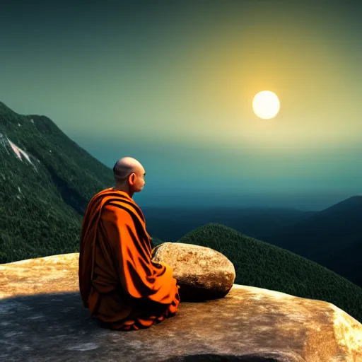 Image similar to high definition render of a monk on top of a mountain, full moon, milky way, galaxy, buddhism, 8 k, symbolic, global illumination, raytracing