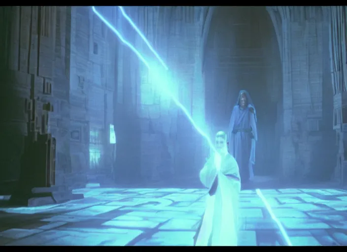 Image similar to screenshot of the force ghost glowing blue spirit of qui gon jinn speaking to Luke skywalker, in a hazy lit ancient Jedi cathedral, screenshot from the 1970s star wars thriller directed by stanley kubrick, Photographed with Leica Summilux-M 24 mm lens, ISO 100, f/8, Portra 400, kodak film, anamorphic lenses