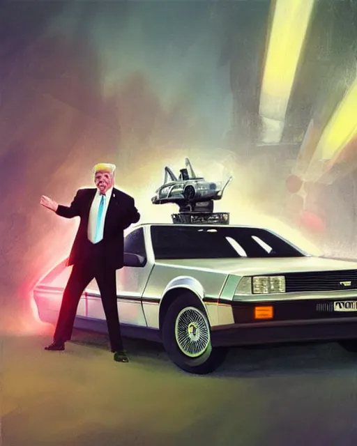 Prompt: donald trump in a flying delorean with doc emmet brown posing for the camera, neon lights, portrait, illustration, rim light, top light, perfectly shaded, spring time, slight overcast lighting, soft painting, art by krenz cushart and wenjun lin