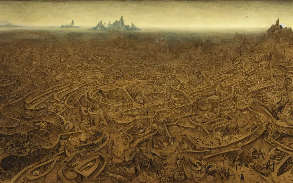 Prompt: grand palace of arrakeen on jodorowski's dune by pieter bruegel the elder and zdzisław beksinski, intricate details, trending on artstationhq and wikiart,