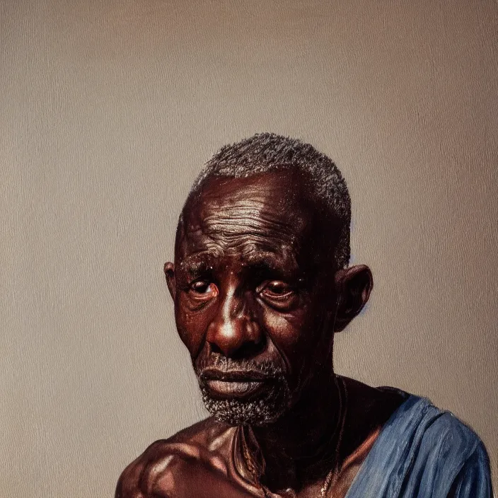 Image similar to a painting of a elder African man by Lynette Yiadom-Boakye . dramatic angle, ethereal lights, details, smooth, sharp focus, illustration, realistic, cinematic, artstation, award winning, rgb , unreal engine, octane render, cinematic light, macro, depth of field, blur, red light and clouds from the back, highly detailed epic cinematic concept art CG render made in Maya, Blender and Photoshop, octane render, excellent composition, dynamic dramatic cinematic lighting, aesthetic, very inspirational, arthouse.