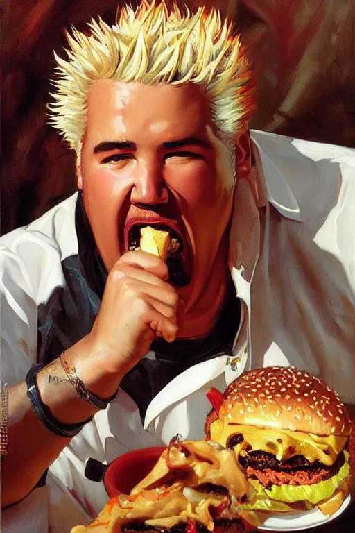 Prompt: guy fieri devouring burger, painting by jc leyendecker!! phil hale!, angular, brush strokes, painterly, vintage, crisp