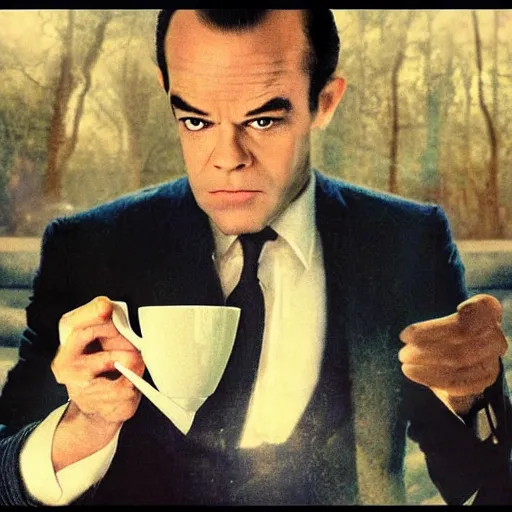 Image similar to agent smith holding a small steaming china cup of tea, romanticism style, detailed facial proportions