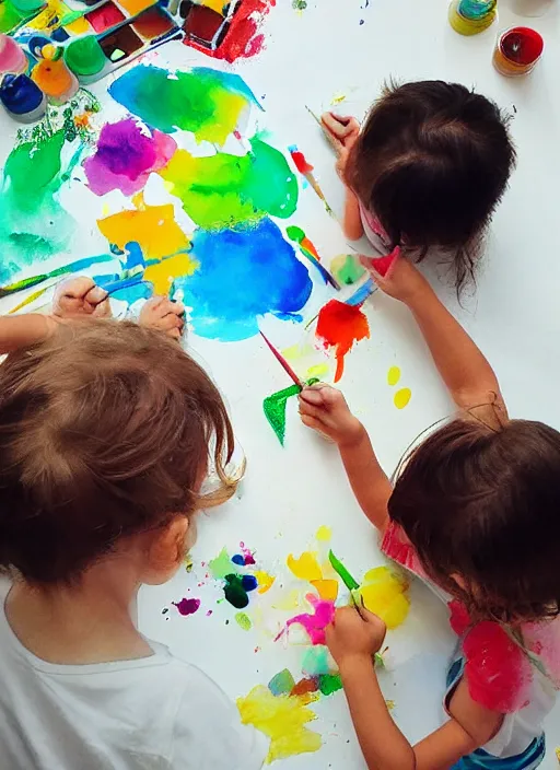 Image similar to “Several small children painting a picture together and jumping happily. Paint is flying and dripping and there are paint stains on the walls. Illustration with water colors for children's book. Detailed colors on grainy paper.”