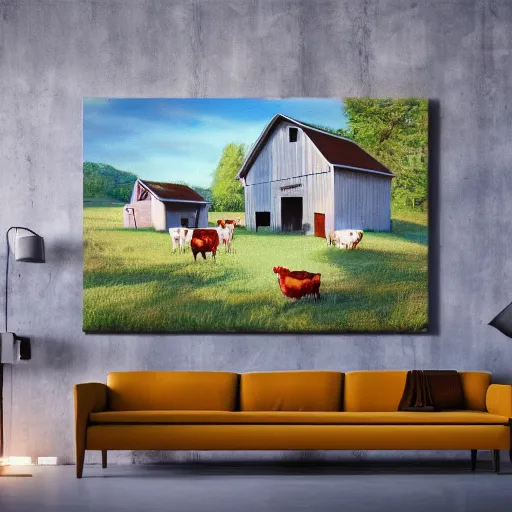 Prompt: interior view of modern futuristic farm barn architecture and interior design, cows laying down on sofas, pigs and chickens sitting in lounge chairs, wall art, detailed luminescent oil painting 4 k