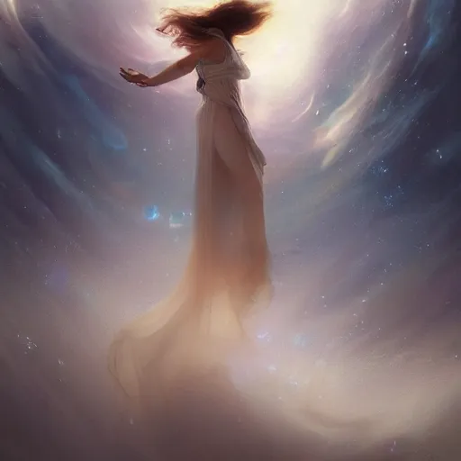 Prompt: Woman floating aberrantly in tumultuous space clouds, emanating powerful magical energy from her palms, residually resting habitually in the calmness and vastness the universe offers, illustrated by Greg Rutkowski and Gaston Bussiere, beautiful portrait image, subsurface scattering from behind of her, mystical photography, volumetric lighting, intricate, dappled lighting, trending on artstation, 4k, 8k