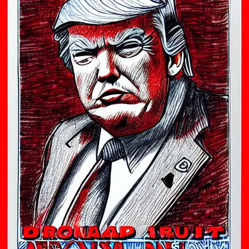 Image similar to a portrait drawing of Donald trump drawn by Robert Crumb