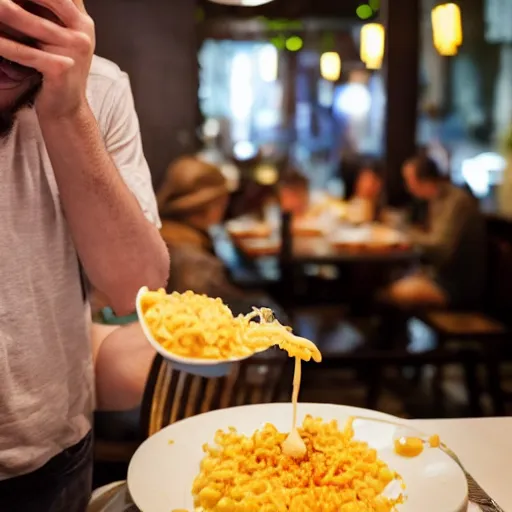 Image similar to a man standing in a busy restaurant while mac n' cheese projectile vomits from his open mouth. The cheese is everywhere. Photograph.