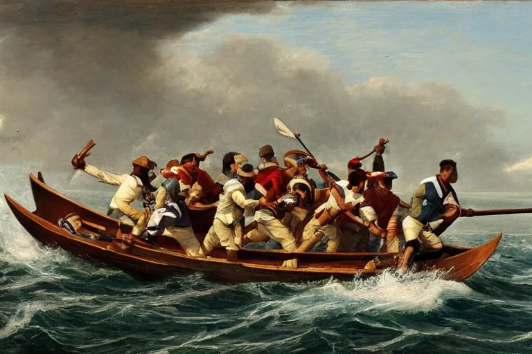 Image similar to a rowboat filled with nfl players in football helmets and pads, one has a harpoon, they are chasing a whale, american oil painting