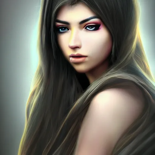 Image similar to portait ibtissam ittouchane, centred, very long hair, hd, unreal engine, art painting, final fantasy style, amazing background theme