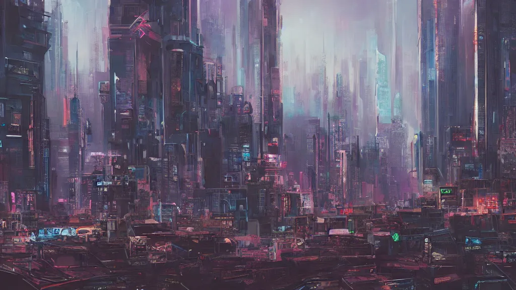 Prompt: Post-cyberpunk painting of a utopian city, cityscape, trending on artstation, by Greg Rutowski