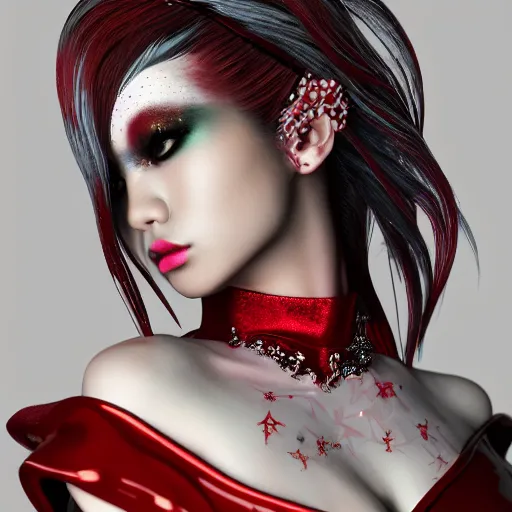 Prompt: Japanese model with maximalist hair style and makeup, fashion model, unreal engine octane, red and white, portrait, glitter, depth of field, 8k, hyper detailed, intricate, trending on artstation