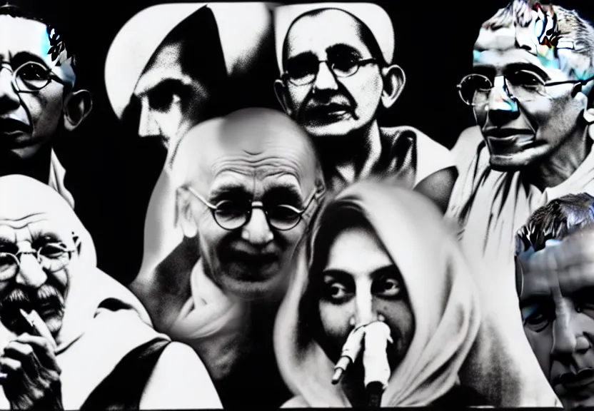 Prompt: Gandhi , Obama, Jesus, And Lady GaGa sharing a joint smoking in a circle, photograph credit: AP, Andy Warhol, photograph, by Beeple