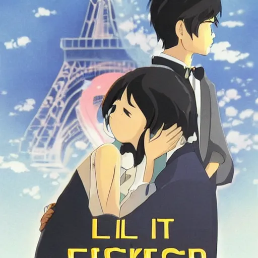 Prompt: film still Poster of the last kiss in paris, by Dice Tsutsumi, Makoto Shinkai, Studio Ghibli, playstation 2 printed game poster cover, cover art, poster, poster!!!