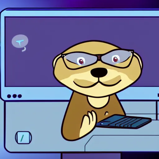 Prompt: an anthropomorphic otter with glasses programming on a PC