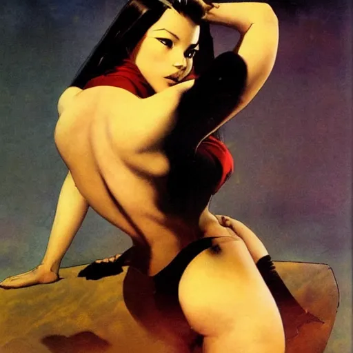 Prompt: Lee Jin-Eun by Frank Frazetta, rule of thirds, seductive look, beautiful,