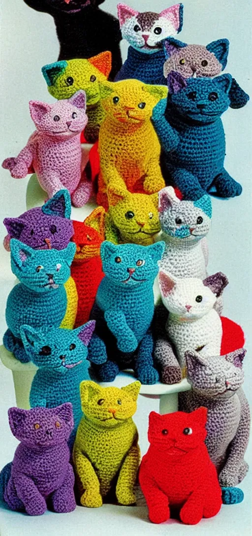 Prompt: multicolored crocheted cats, 1 9 9 0 s catalogue photo,