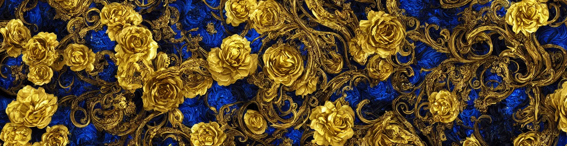 Image similar to black blue yellow, complicated gold and blue flowers the baroque style decoration, dark fantasy, intricate, elegant, highly detailed, digital painting, artstation, concept art, matte, 3 d 8 k octane rendered, sharp focus, illustration, octane rendered, art by artgerm
