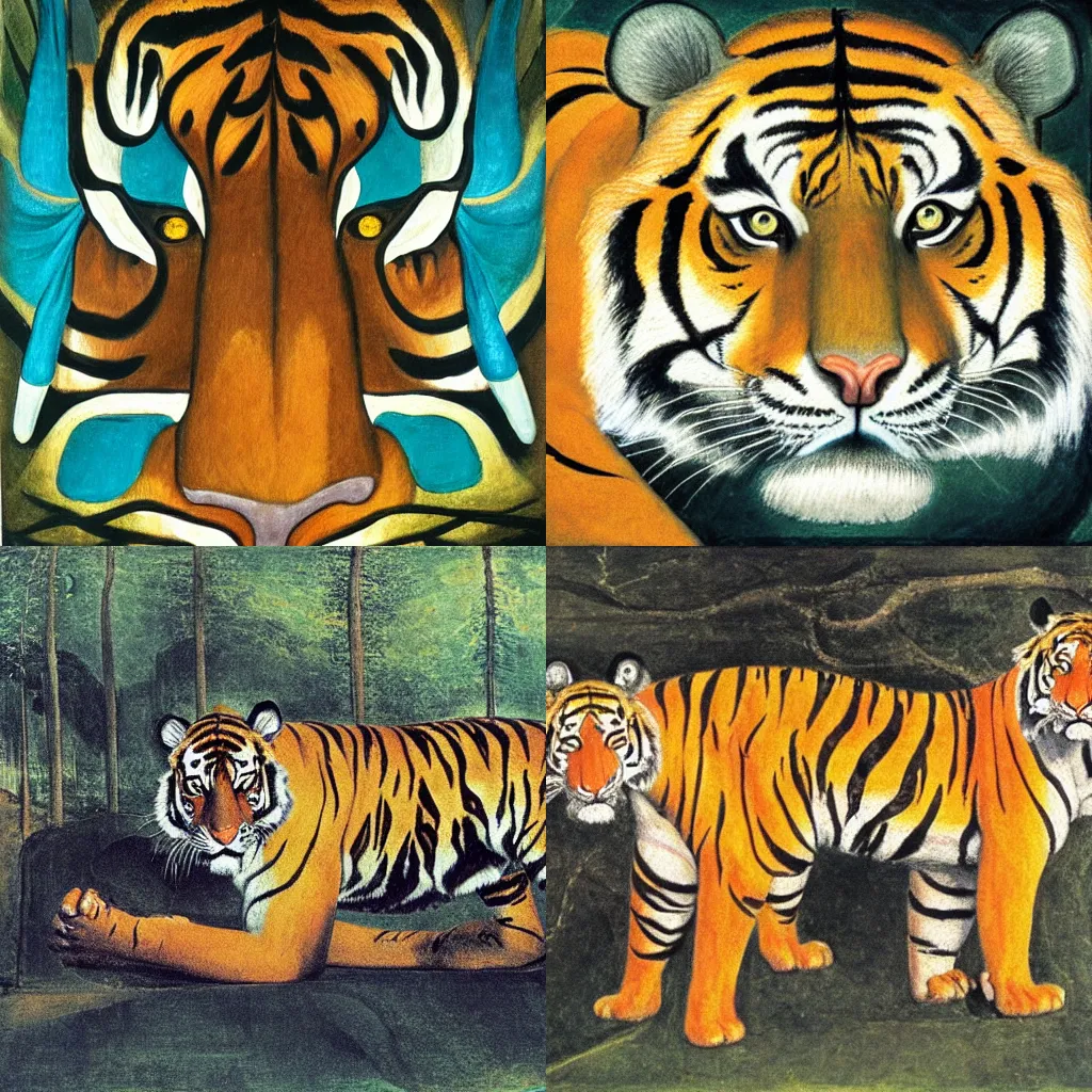 Prompt: Tiger Tiger, burning bright, In the forests of the night, What immortal hand or eye, Could frame thy fearful symmetry. oil painting by william blake