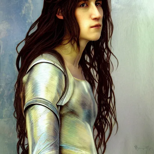 Image similar to accurate portrait of! charlotte gainsbourg! as joan of arc, hyperrealistic digital painting, iconography influenced by alphonse mucha and eugene delacroix, arstation and deviantart trends, high resolution 8 k