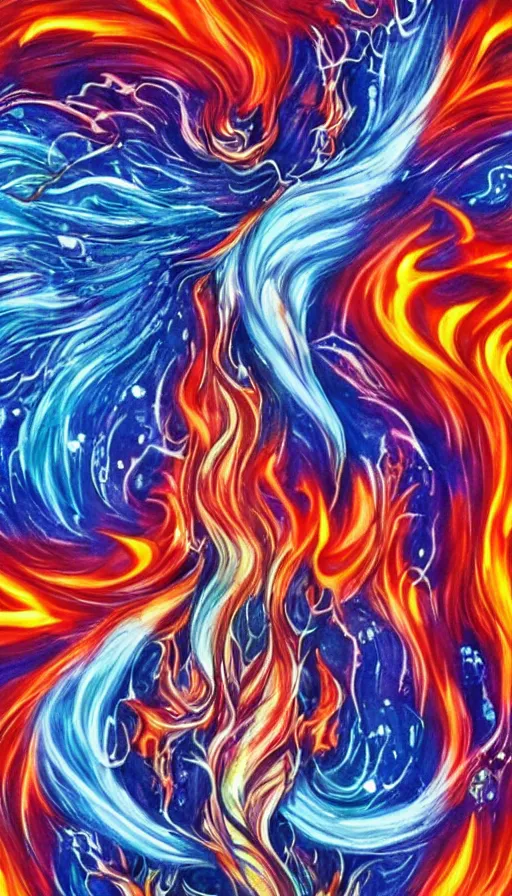 Image similar to a high quality anime still of fire and water mixing together, conveying a sense of balance inspired by the Temperance tarot card psychedelic ,