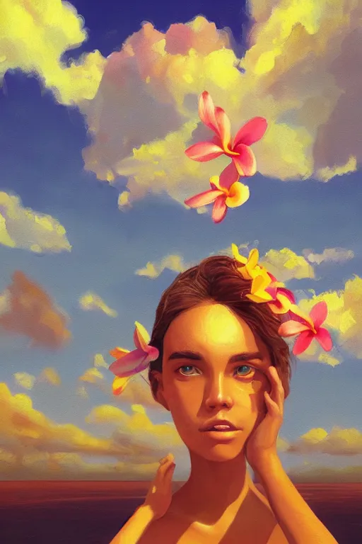 Image similar to closeup, giant frangipani head, girl on beach, surreal photography, golden hour, colorful clouds, impressionist painting, digital painting, artstation, simon stalenhag