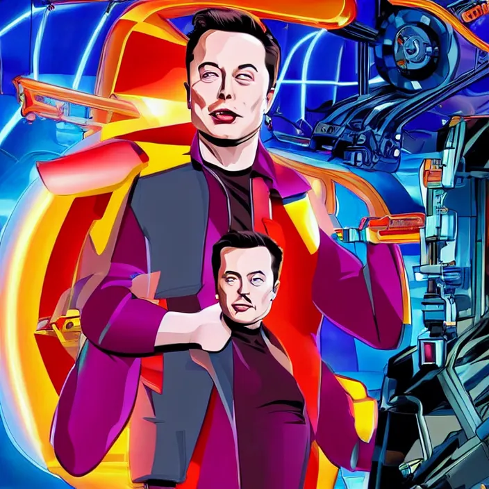 Image similar to elon musk as an evil character in totally spies, in front of a complex machine, scheming and plotting his revenge. bright, rich, colorful. full body shot, well lit