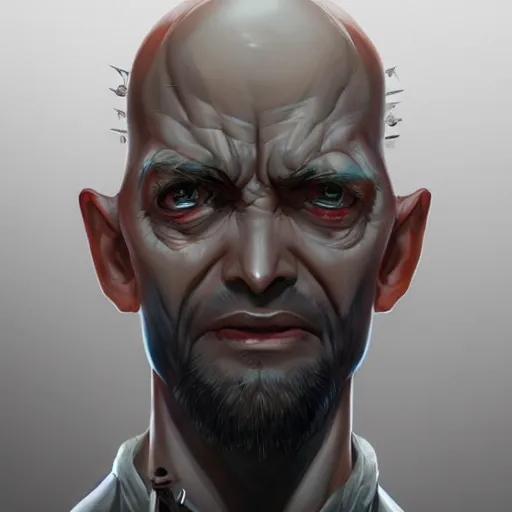 Image similar to bald man with plastic black spike driven through his eyes, flat side facing forward, points coming out back of his head, portrait, behance hd artstation, style of jesper ejsing