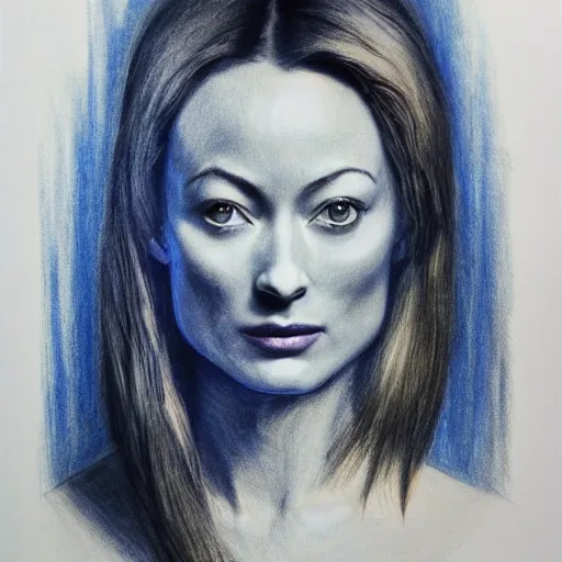 Image similar to Olivia Wilde, pencil drawing. El Greco, Remedios Varo, Salvador Dali, Carl Gustav Carus, John Atkinson Grimshaw. Blue tint. Symetrical, logo, geometric shapes.