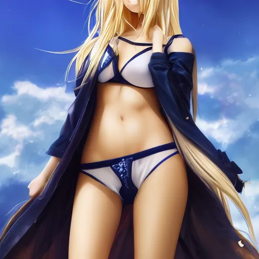 Image similar to a very beautiful young anime girl with 2 0 meters extremely long blond hair, full body, extremely long wavy 2 0 meters long blond hair, sky blue eyes, full round face,, bikini, miniskirt, front shot, extremely long thick blond hair, highly detailed, cinematic wallpaper by stanley artgerm lau