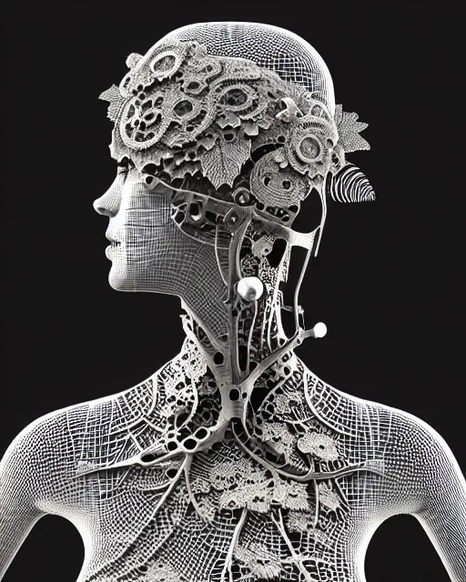 Prompt: monochrome 3 d model, profile portrait 1 8 9 0 picture, silver lace floral steampunk biomechanical beautiful young female cyborg with techno eye, volumetric light, leaves foliage and stems, hibiscus flowers, sinuous fine roots, fine foliage lace, alexander mcqueen, rim light, big gothic fashion pearl embroidered collar, octane render, hg giger, 8 k