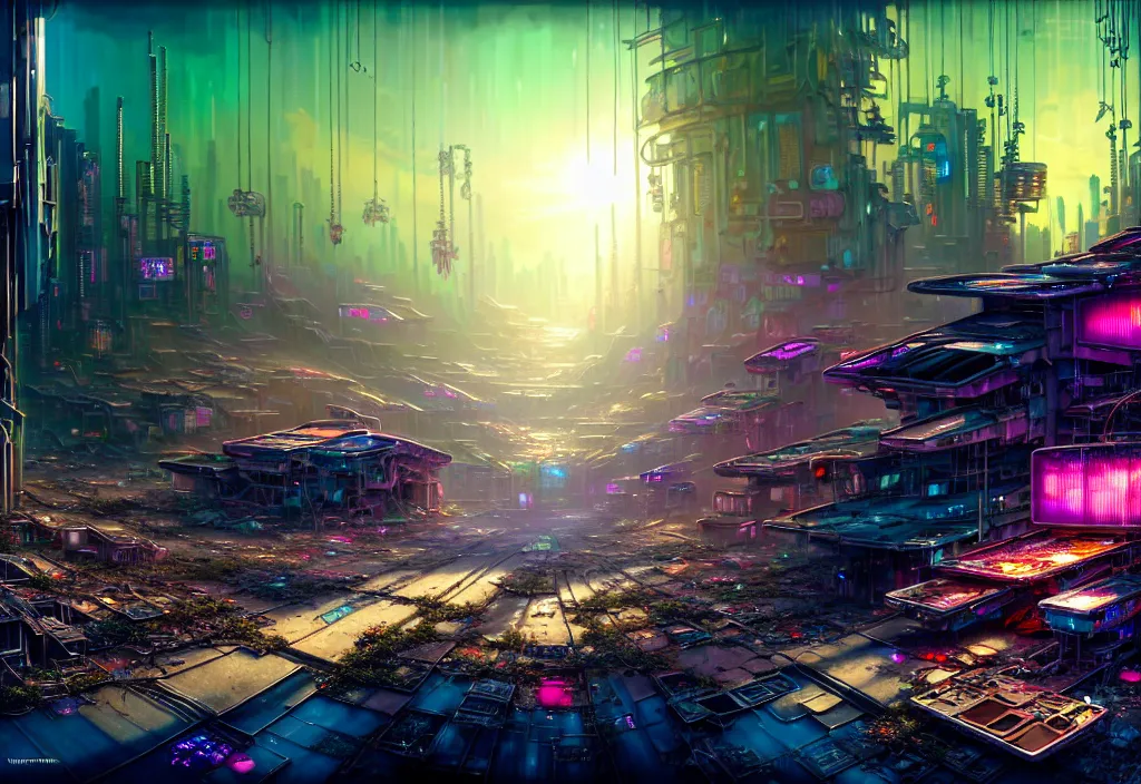 Image similar to A highly detailed crisp wide view of A beautiful futuristic cyberpunk abandoned dystopia city building with futuristic bright lights, plants allover , godray, sunlight breaking through clouds, clouds, debris on the ground, abandoned machines bright happy colors, chaotic , nitid horizon, factory by wangchen-cg, 王琛,Neil blevins, artstation, Gediminas Pranckevicius