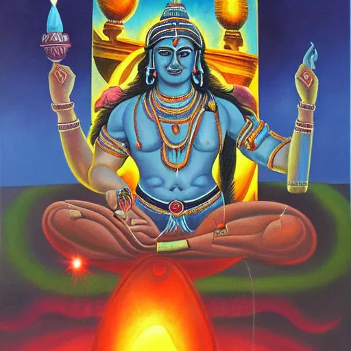 Prompt: Epic wide angle portrait of Shiva emerging from a lingam shaped rocket ship, oil painting