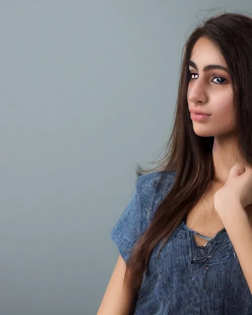 Image similar to a highly realistic, true to life portrait of a beautiful young middle eastern girl, soft focus, from the waist up, with sharp features, a beautiful face, soft smile, under studio lighting, taken with a canon eos camera with 1 3 5 mm focal length