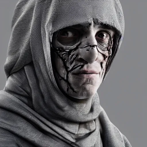 Image similar to a man with a burnt face in a grey cloak poses for a portrait, a character portrait by david firth, cgsociety contest winner, photorealism, studio portrait, studio photography, uhd image