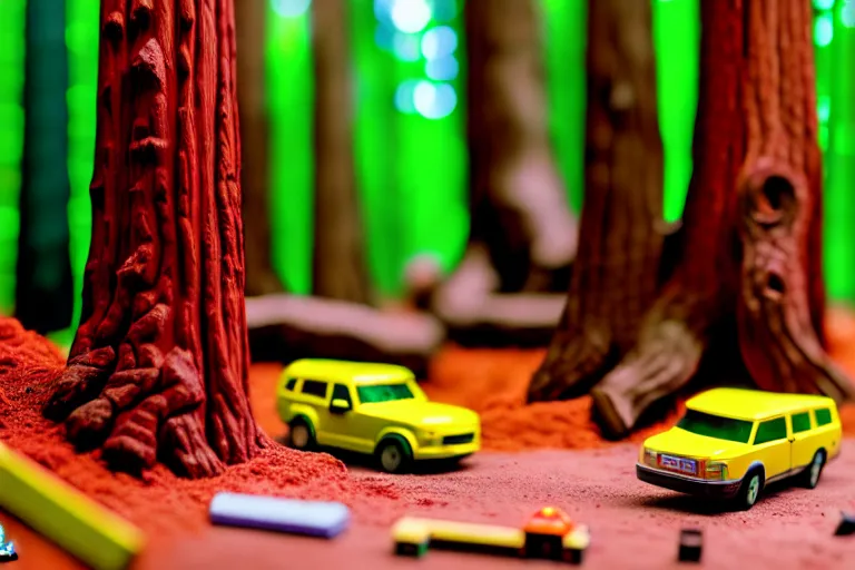 Image similar to fisher price redwood forest, california scene from tv show hyper detailed 5 5 mm 8 5 mm, toy photography, made out of plastic