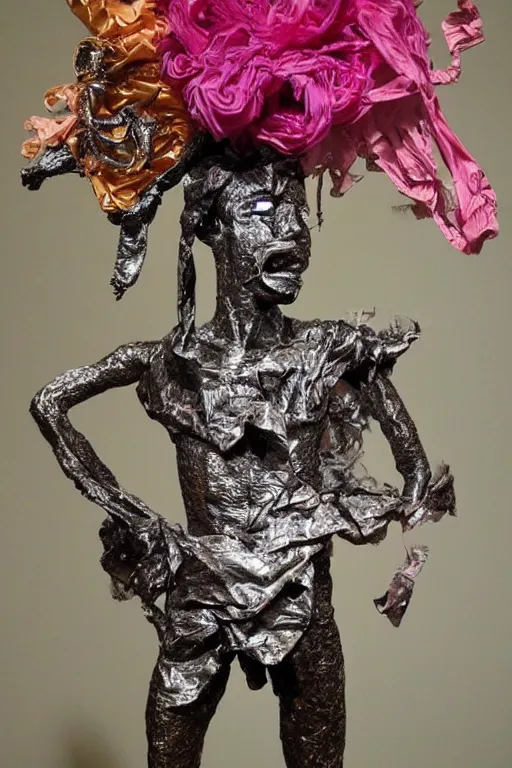 Image similar to papercraft scene made entirely of pipecleaners and crumpled foil of Jean-Michel Basquiat as a full-body bronze baroque statue of Icarus in the posing like a bird for flight, crown of peach roses, flowing pink-colored silk, fabric, flowers. baroque elements, human skull. full-length view. baroque element. intricate artwork by caravaggio. many many birds birds on background. Trending on artstation, octane render, cinematic lighting from the right, hyper realism, octane render, 8k, depth of field, 3D