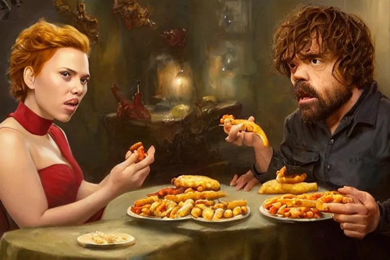 Image similar to portrait of peter dinklage sharing hotdogs with scarlett johansson, an oil painting by ross tran and thomas kincade