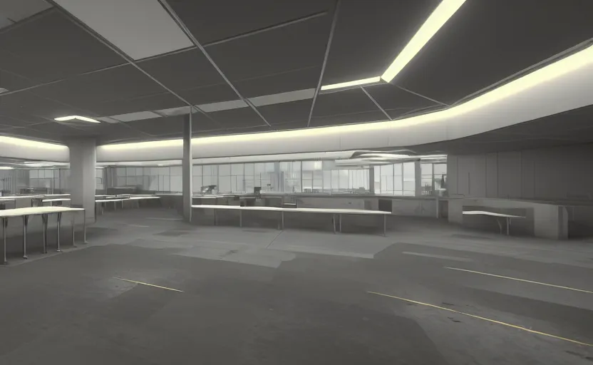 Image similar to screenshot of game on unreal engine 5, a large white empty breakroom with a security checkpoint, photorealistic, retrofuturism, brutalism, staggered terraces, minimalist, soft vintage glow
