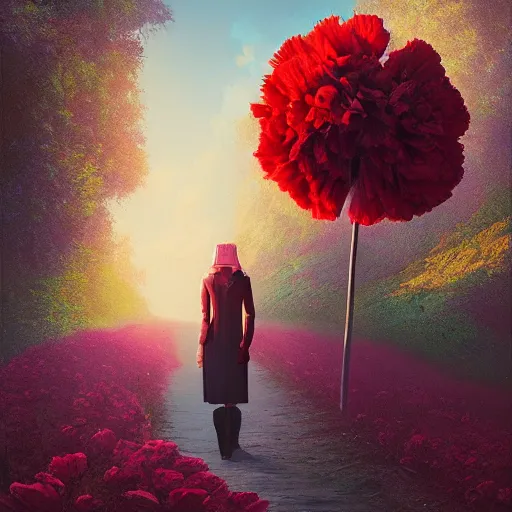 Prompt: giant carnation flower head, girl in a suit, on a path, surreal photography, sunrise, dramatic light, impressionist painting, digital painting, artstation, simon stalenhag