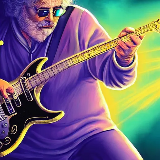 Image similar to a Jerry Garcia guitarist playing so intensely there is electricity shooting out from his guitar, energy beams under his finger tips, and magic sparkles from the freboard, amazing ditial art, trending on artstation, featured on deviantart